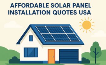Professional solar installer fixing solar panels on a rooftop under clear blue sky in the USA